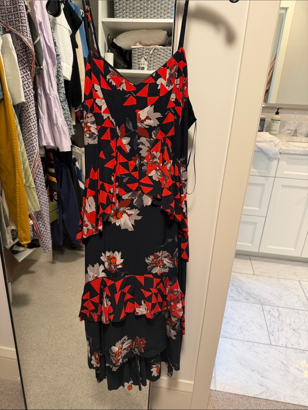 Joie Black & Red Floral Tiered Midi Dress